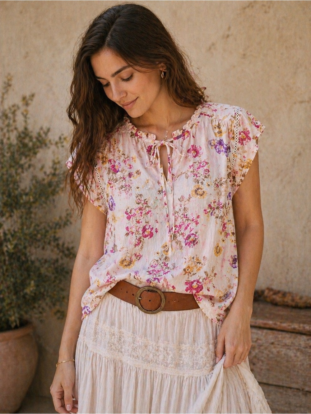 Floral Tie-Neck Short Sleeve Blouse - White with Pink, Yellow & Purple Floral